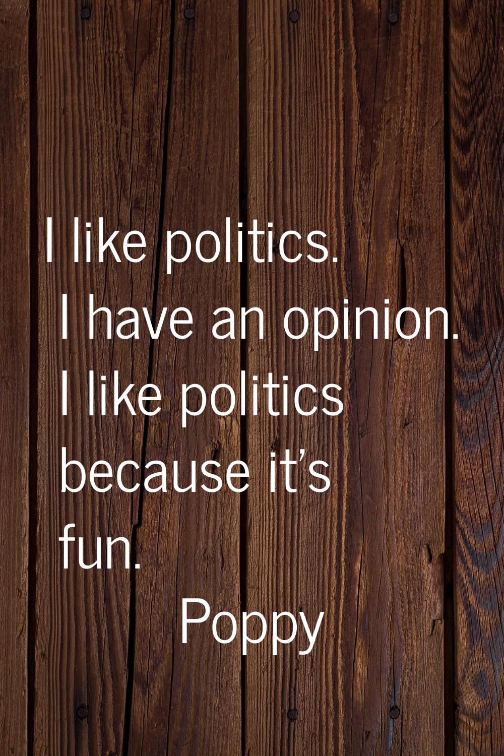 I like politics. I have an opinion. I like politics because it's fun.