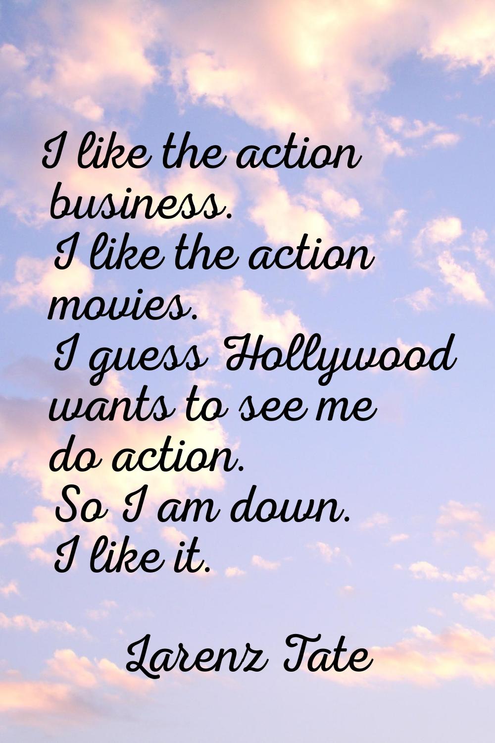 I like the action business. I like the action movies. I guess Hollywood wants to see me do action. 