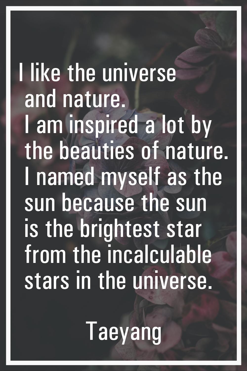 I like the universe and nature. I am inspired a lot by the beauties of nature. I named myself as th
