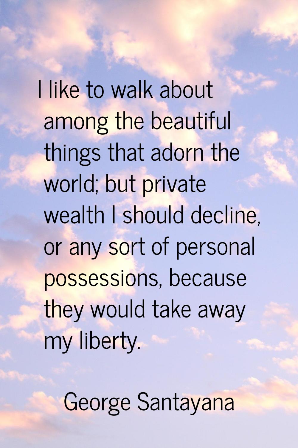 I like to walk about among the beautiful things that adorn the world; but private wealth I should d