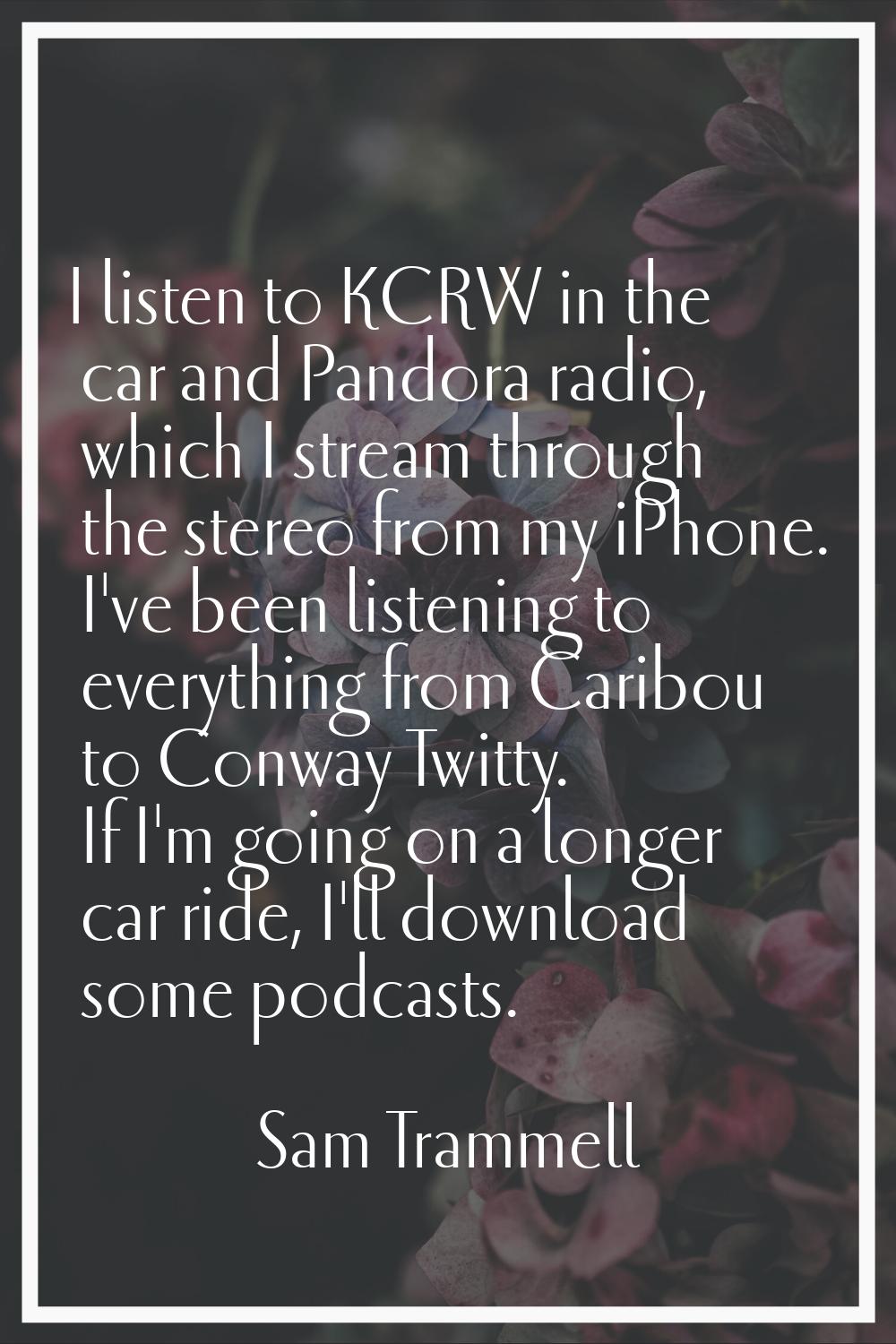 I listen to KCRW in the car and Pandora radio, which I stream through the stereo from my iPhone. I'