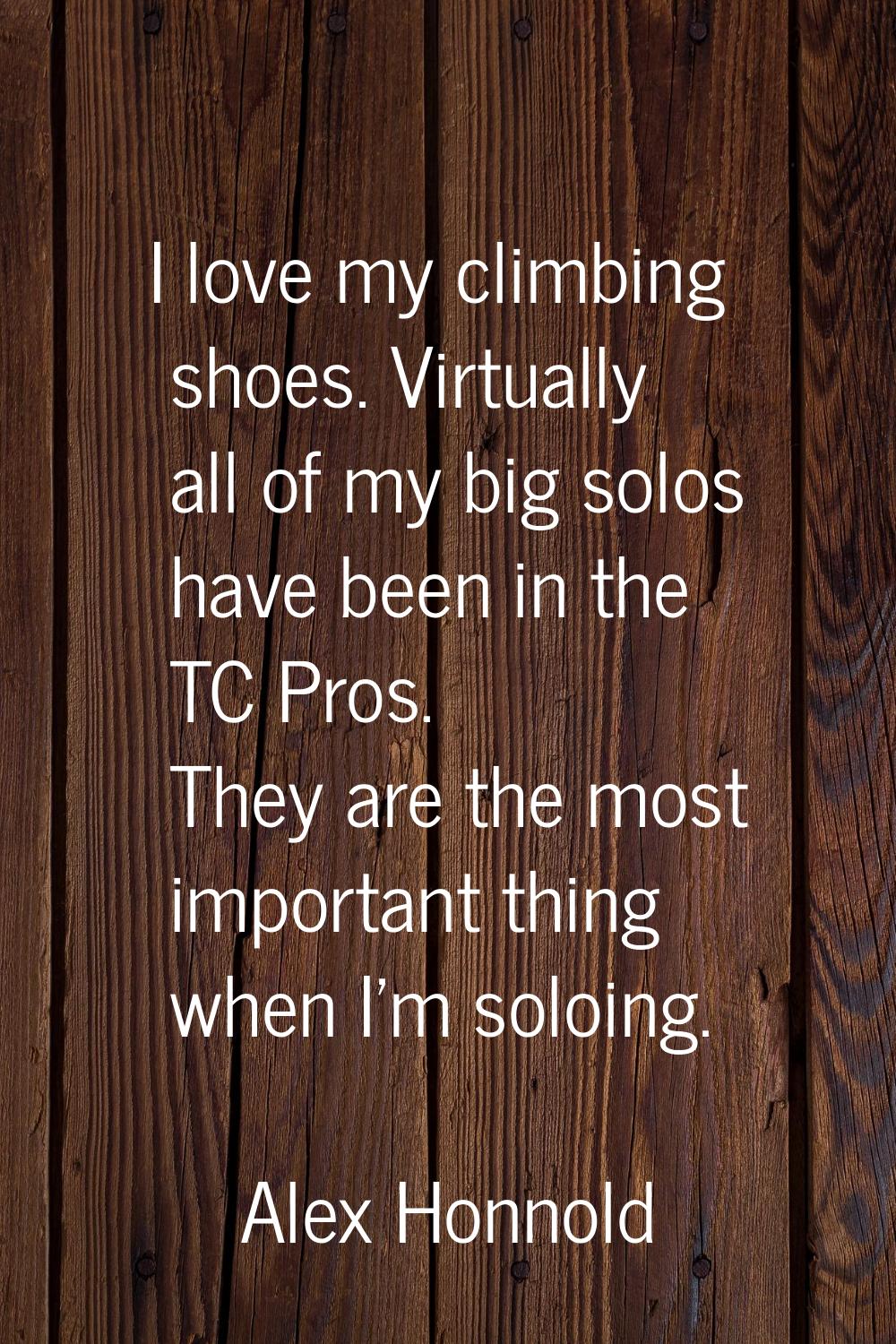 I love my climbing shoes. Virtually all of my big solos have been in the TC Pros. They are the most