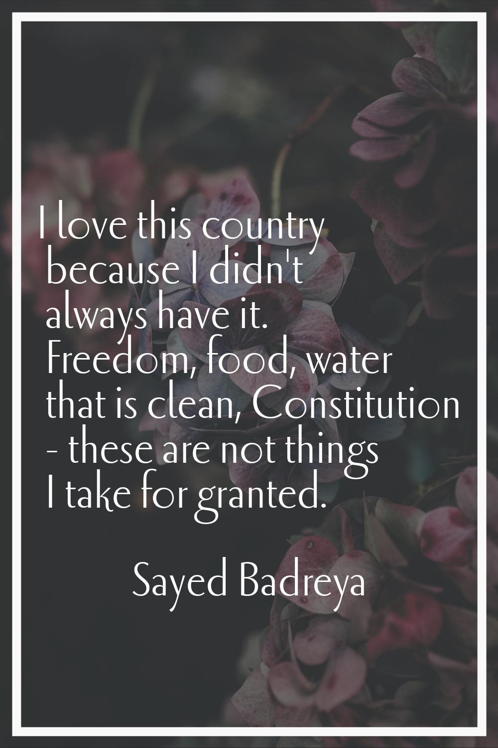 I love this country because I didn't always have it. Freedom, food, water that is clean, Constituti