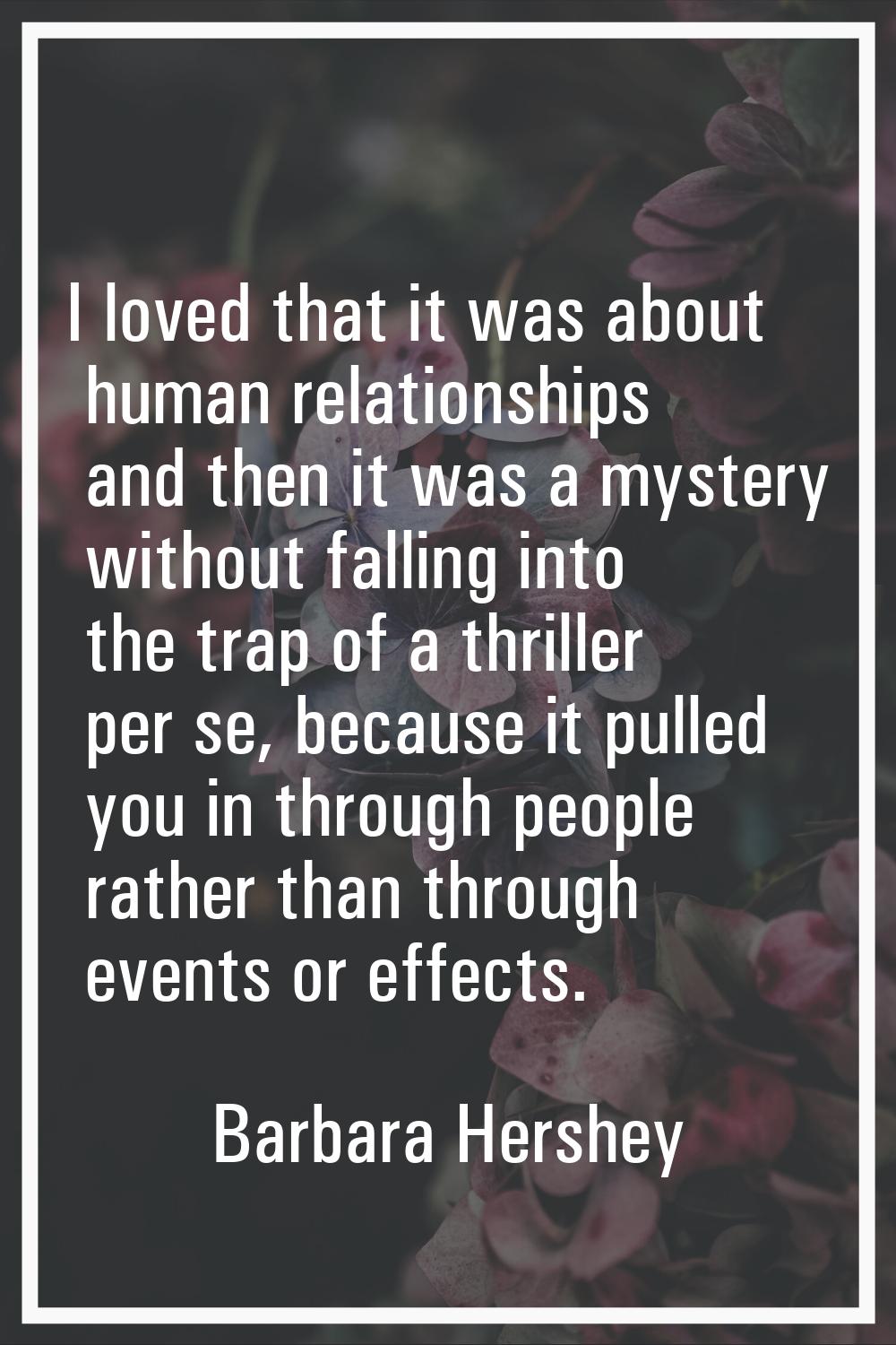 I loved that it was about human relationships and then it was a mystery without falling into the tr
