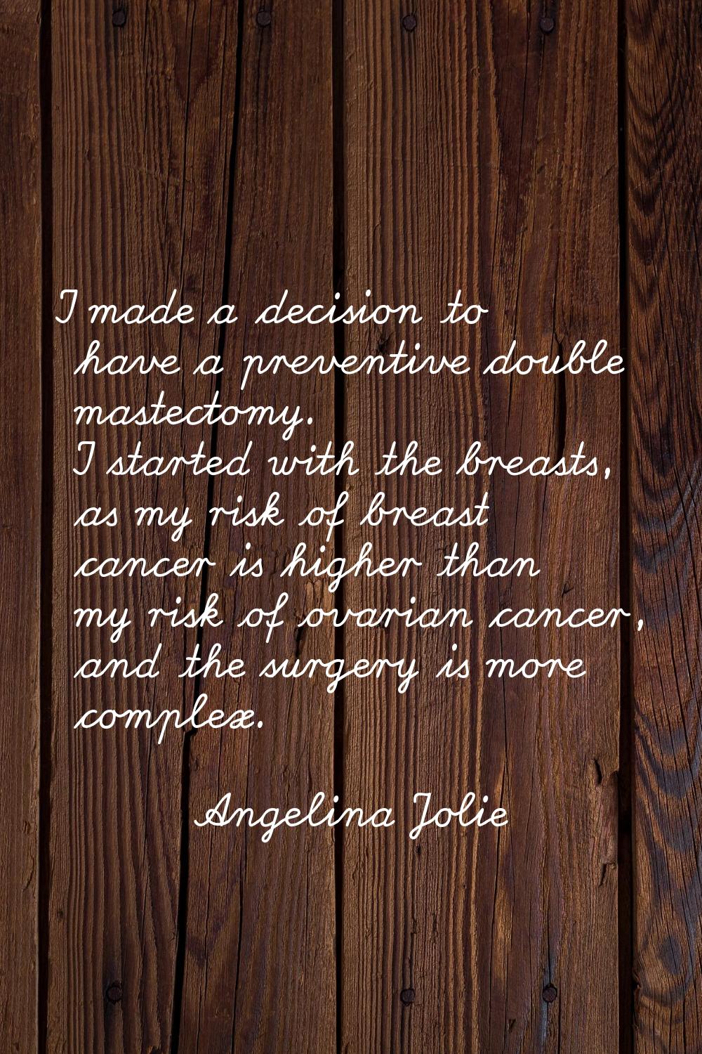 I made a decision to have a preventive double mastectomy. I started with the breasts, as my risk of