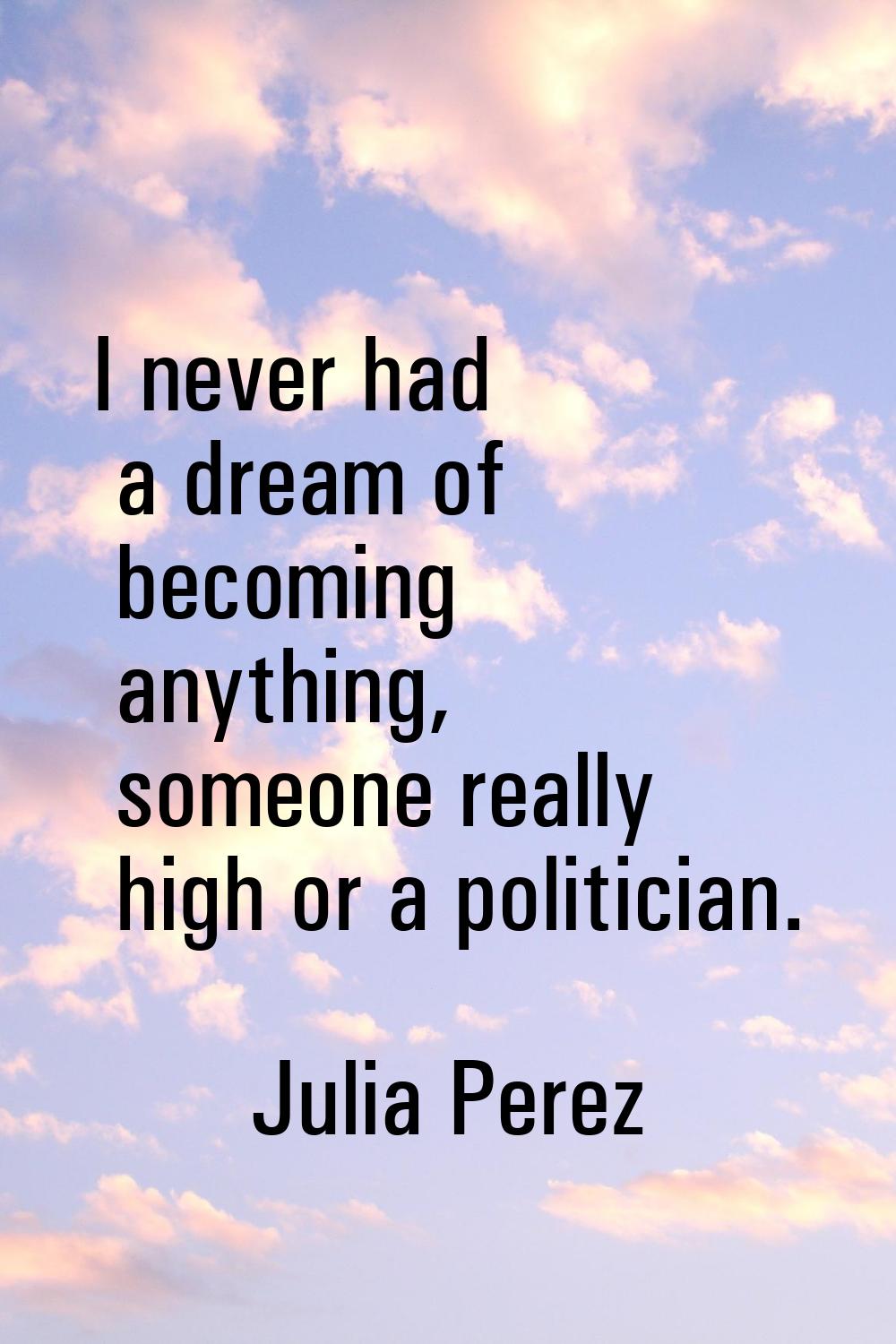 I never had a dream of becoming anything, someone really high or a politician.