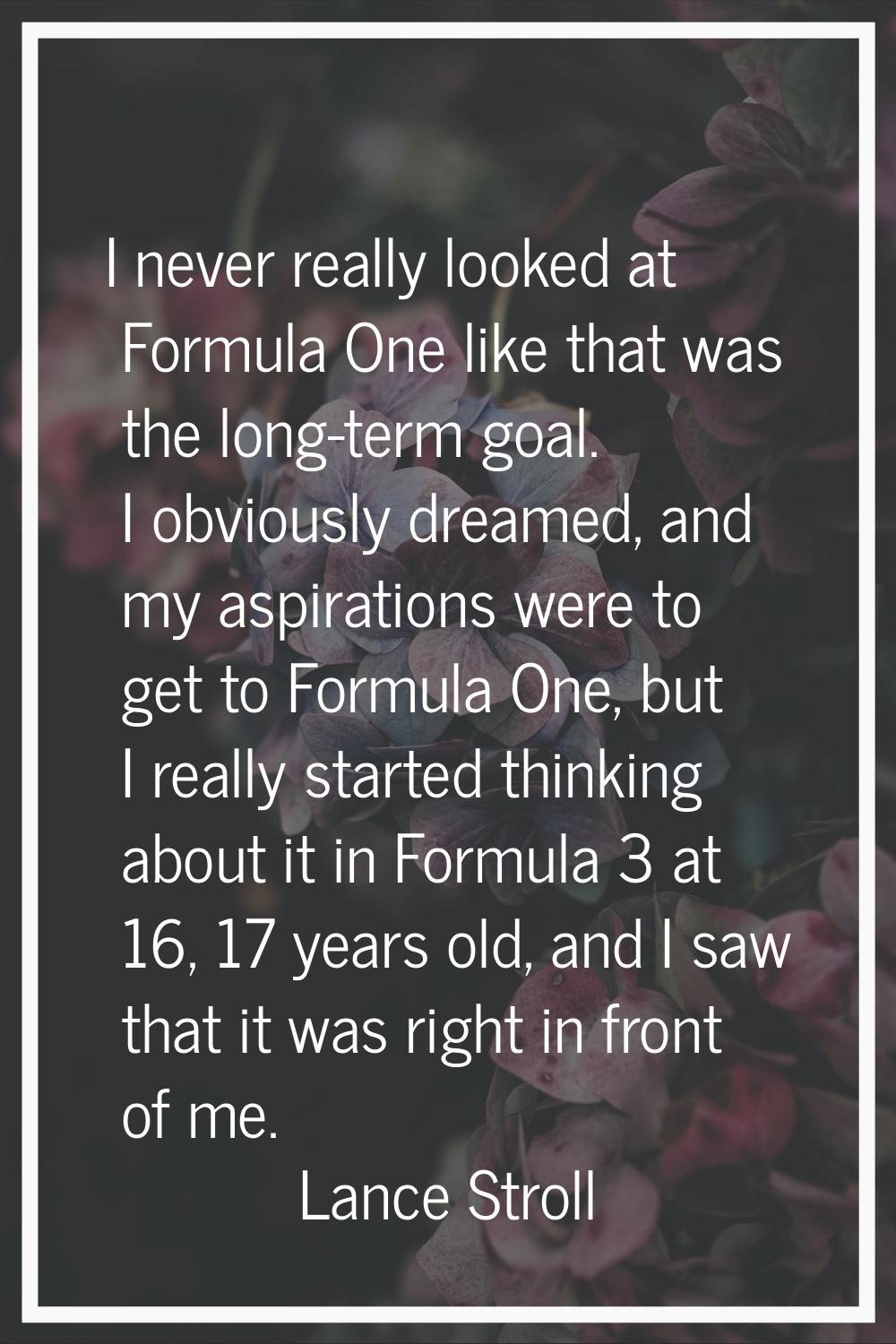 I never really looked at Formula One like that was the long-term goal. I obviously dreamed, and my 