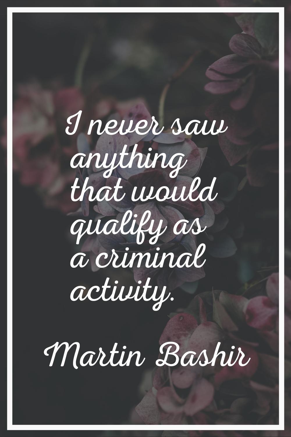 I never saw anything that would qualify as a criminal activity.