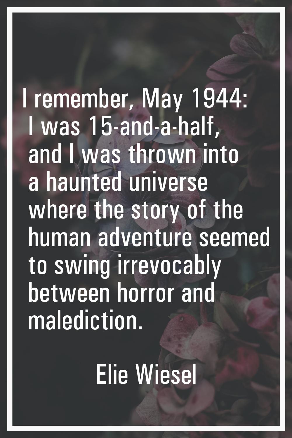 I remember, May 1944: I was 15-and-a-half, and I was thrown into a haunted universe where the story