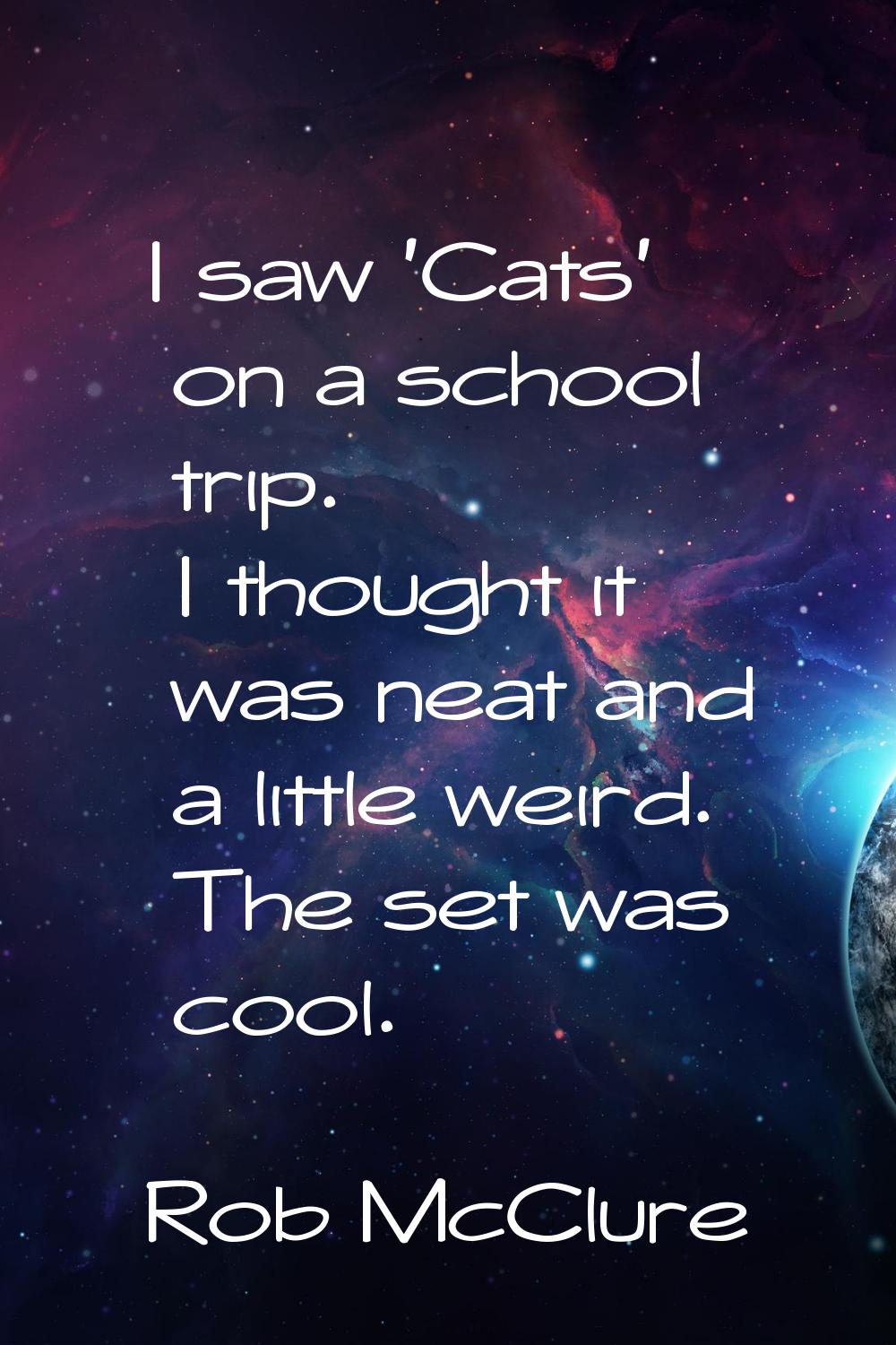 I saw 'Cats' on a school trip. I thought it was neat and a little weird. The set was cool.