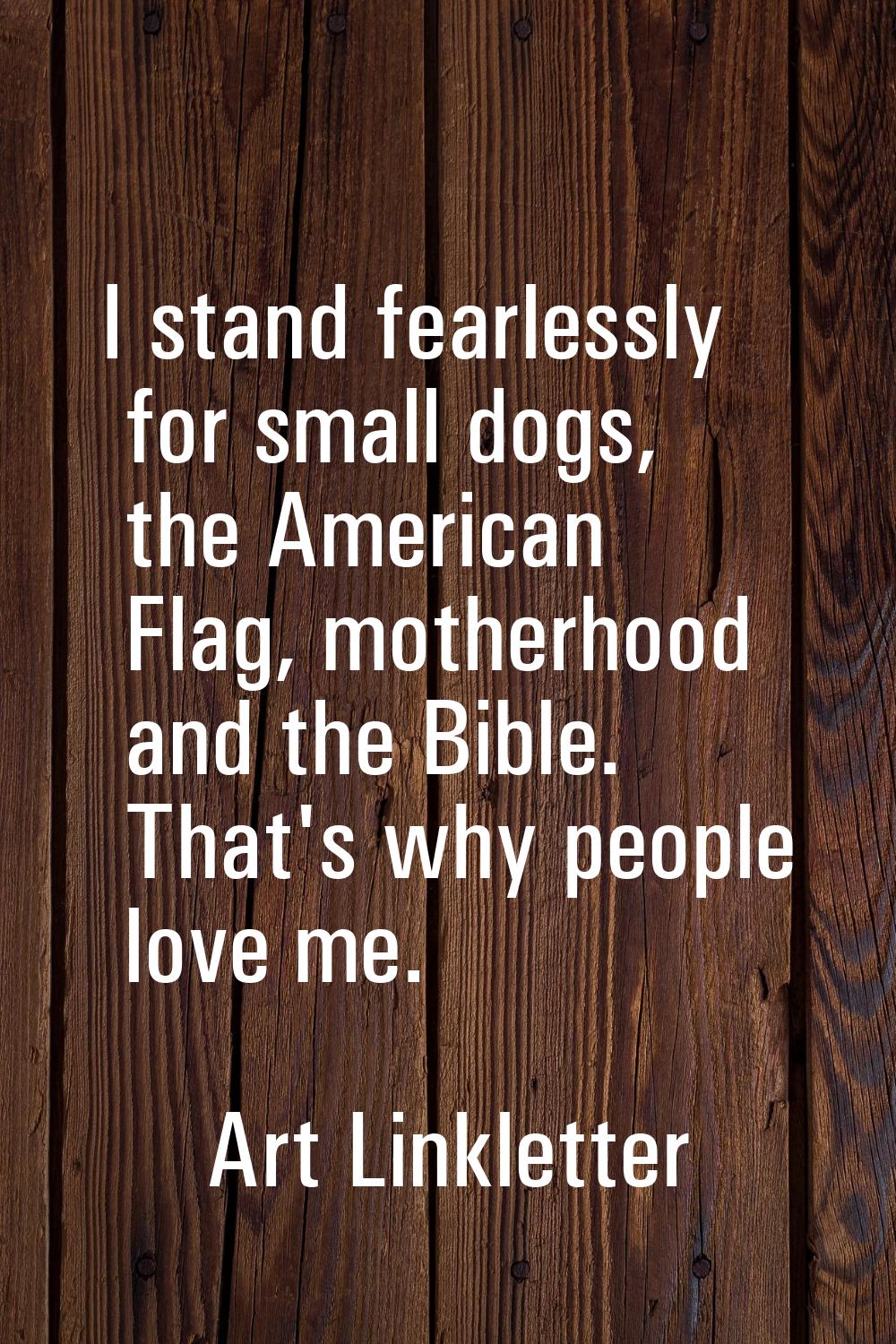 I stand fearlessly for small dogs, the American Flag, motherhood and the Bible. That's why people l