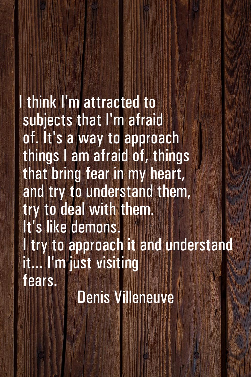 I think I'm attracted to subjects that I'm afraid of. It's a way to approach things I am afraid of,