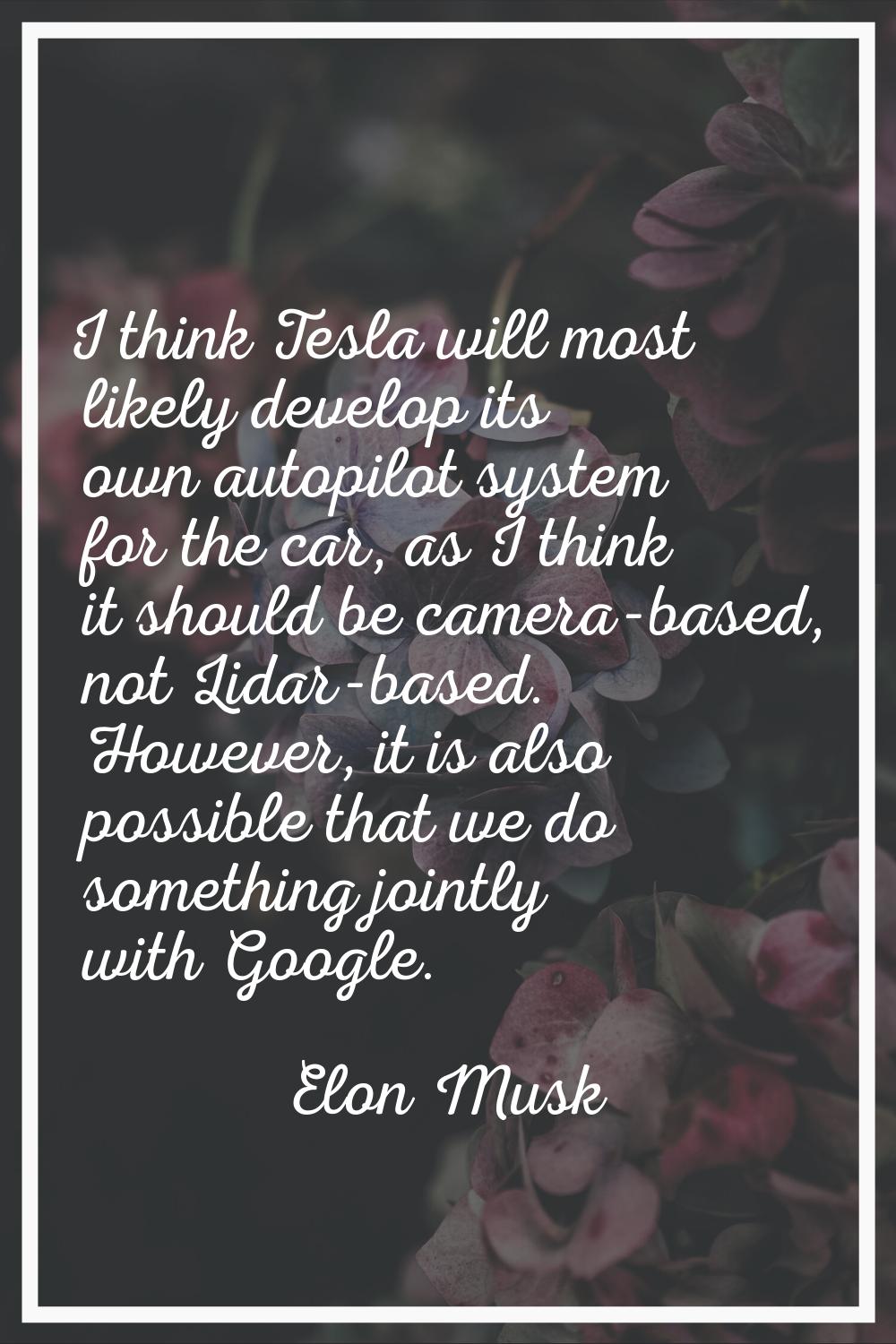 I think Tesla will most likely develop its own autopilot system for the car, as I think it should b