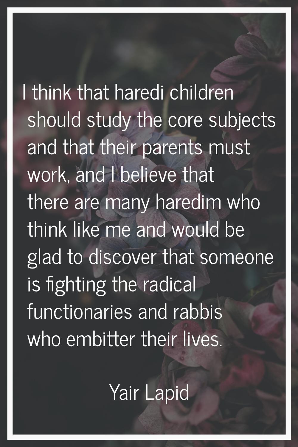 I think that haredi children should study the core subjects and that their parents must work, and I