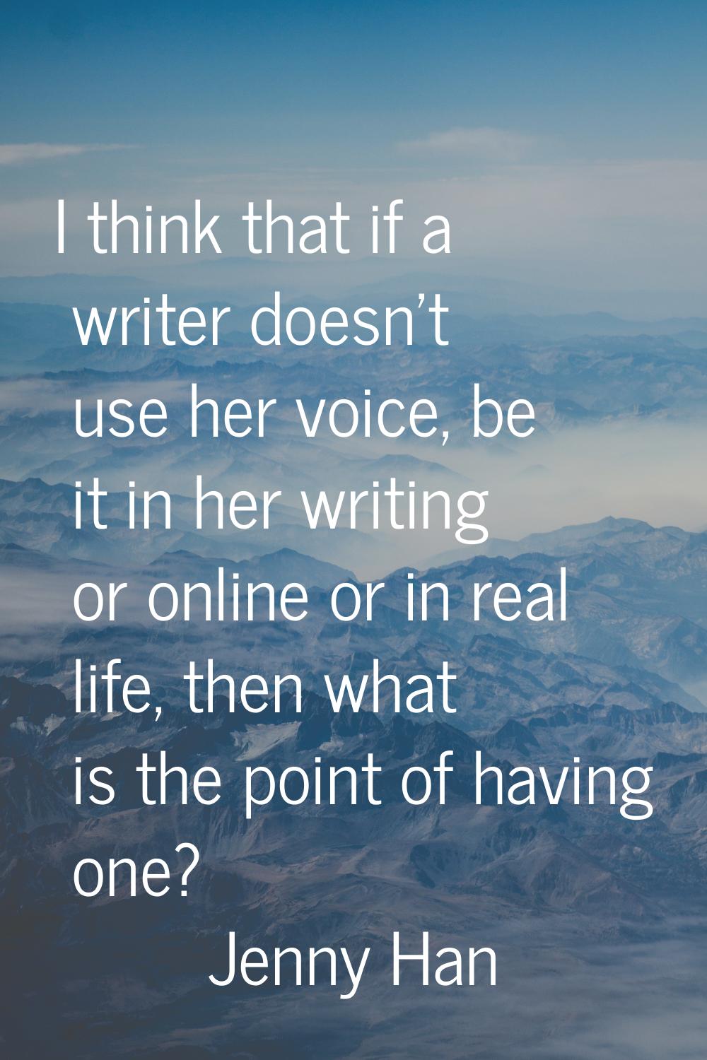 I think that if a writer doesn't use her voice, be it in her writing or online or in real life, the