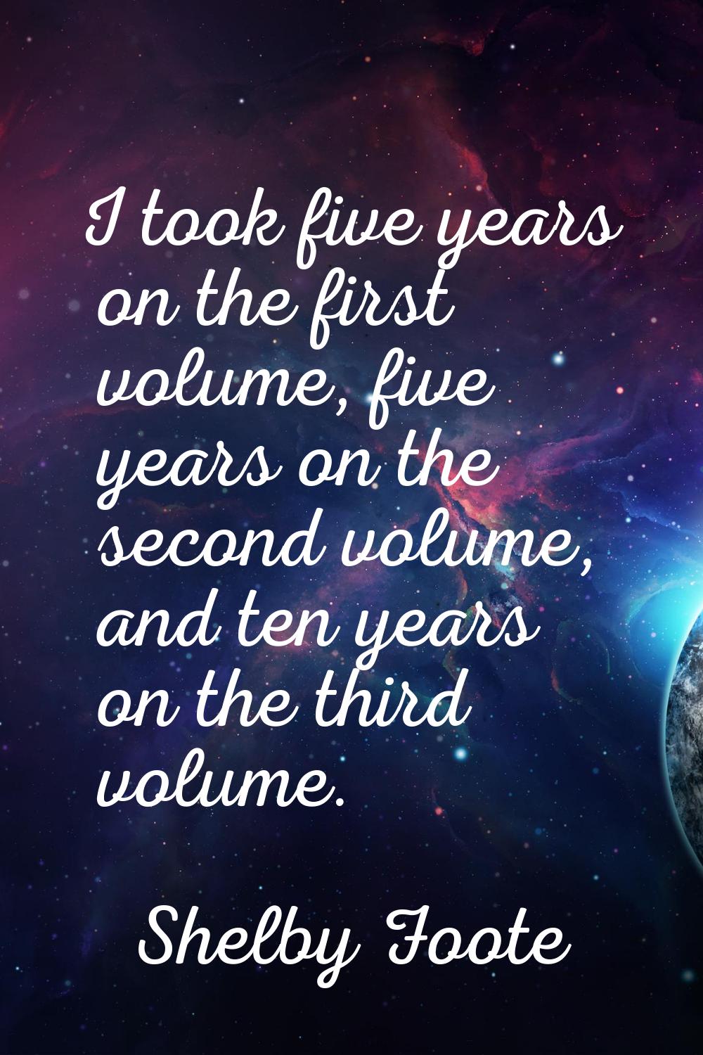I took five years on the first volume, five years on the second volume, and ten years on the third 