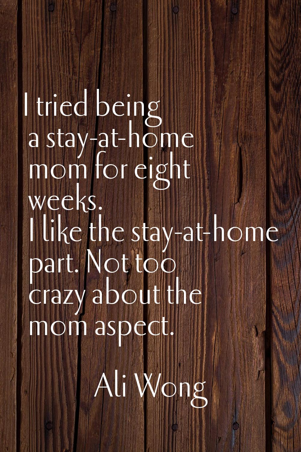 I tried being a stay-at-home mom for eight weeks. I like the stay-at-home part. Not too crazy about