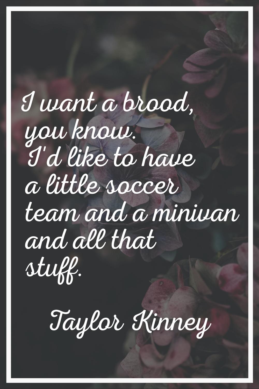 I want a brood, you know. I'd like to have a little soccer team and a minivan and all that stuff.