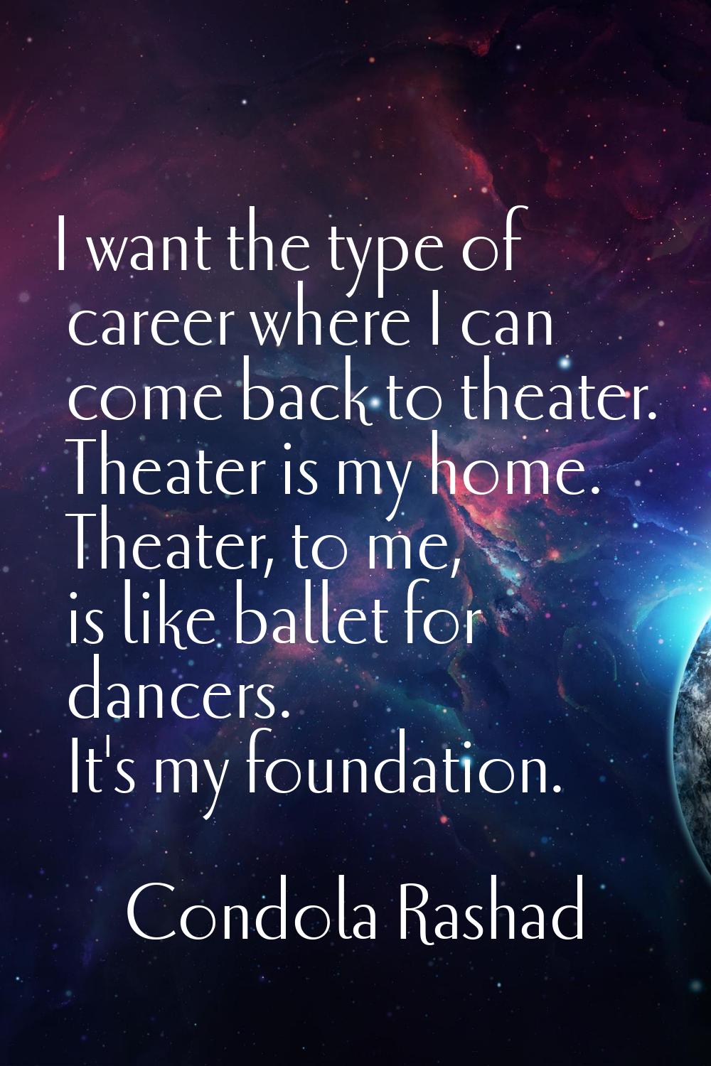 I want the type of career where I can come back to theater. Theater is my home. Theater, to me, is 