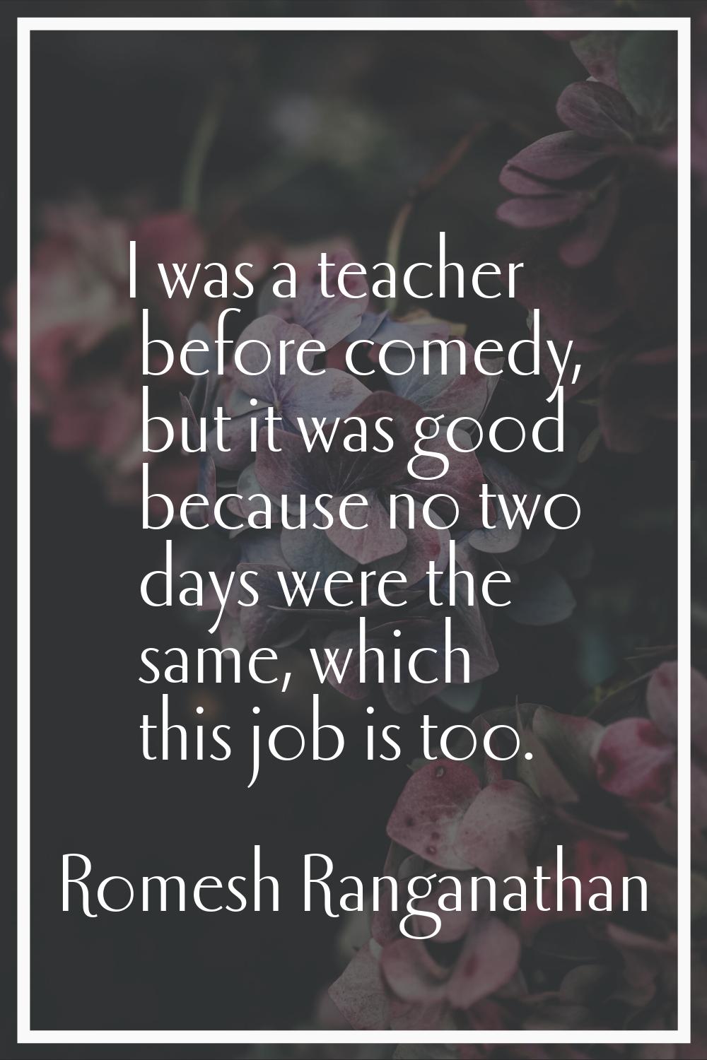 I was a teacher before comedy, but it was good because no two days were the same, which this job is