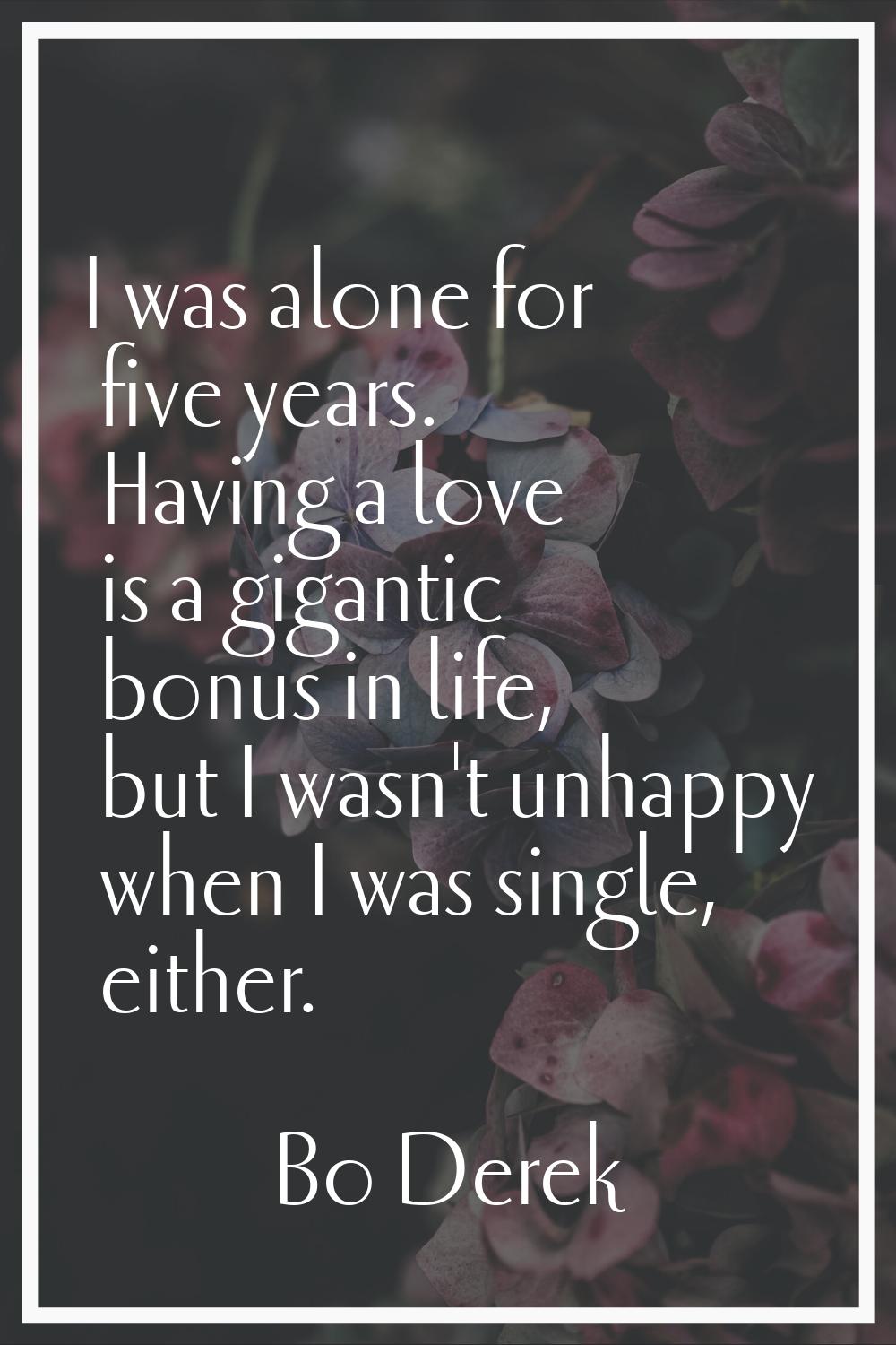 I was alone for five years. Having a love is a gigantic bonus in life, but I wasn't unhappy when I 