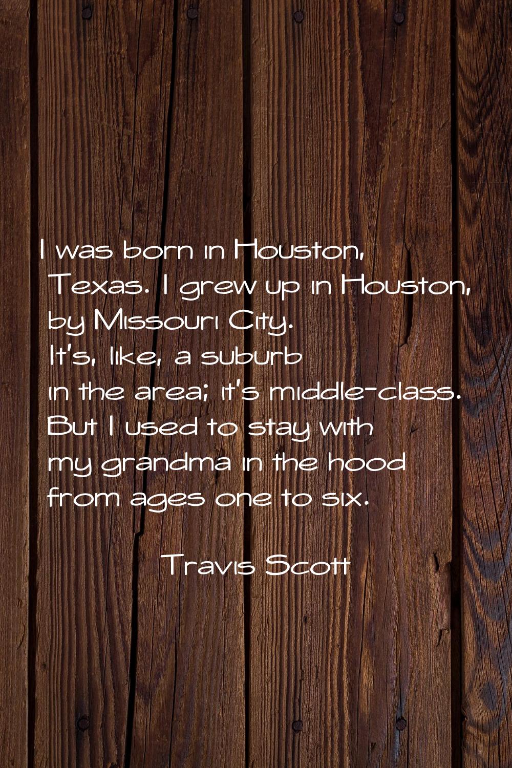 I was born in Houston, Texas. I grew up in Houston, by Missouri City. It's, like, a suburb in the a