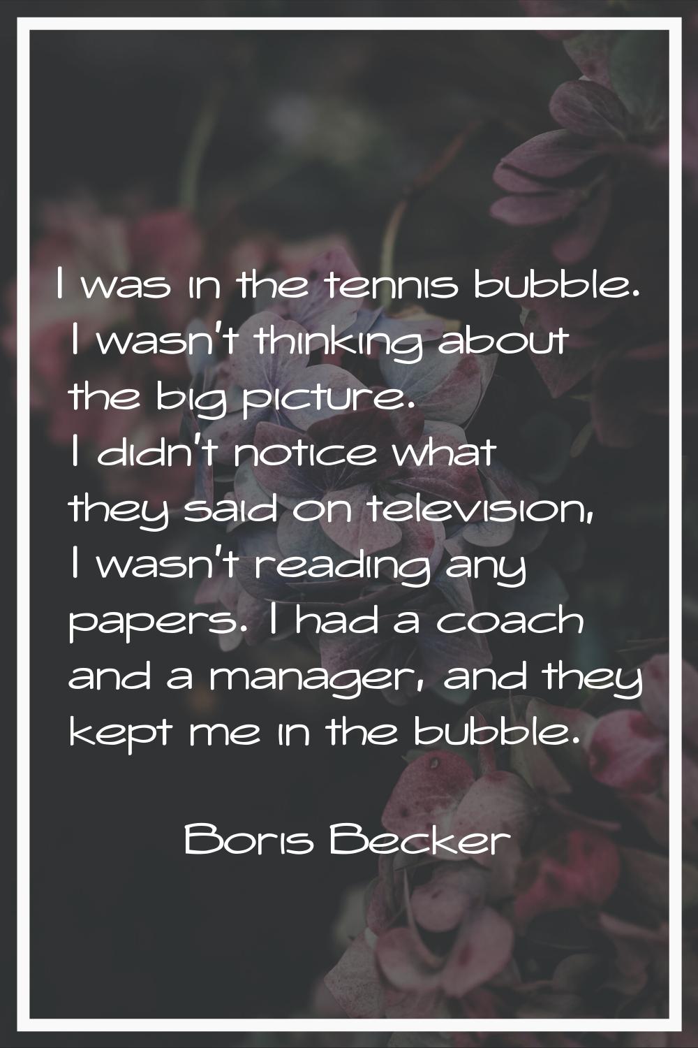 I was in the tennis bubble. I wasn't thinking about the big picture. I didn't notice what they said