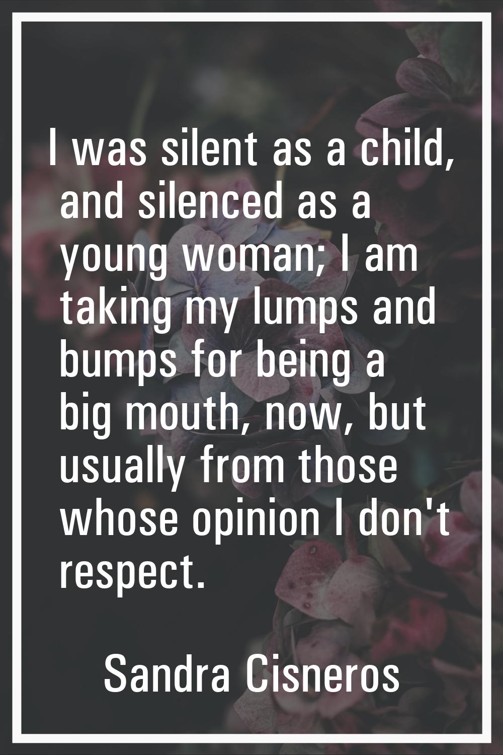 I was silent as a child, and silenced as a young woman; I am taking my lumps and bumps for being a 