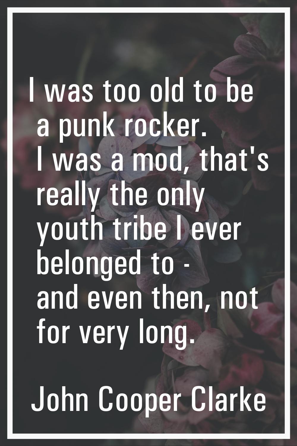 I was too old to be a punk rocker. I was a mod, that's really the only youth tribe I ever belonged 