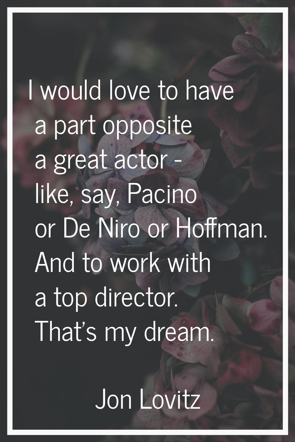 I would love to have a part opposite a great actor - like, say, Pacino or De Niro or Hoffman. And t