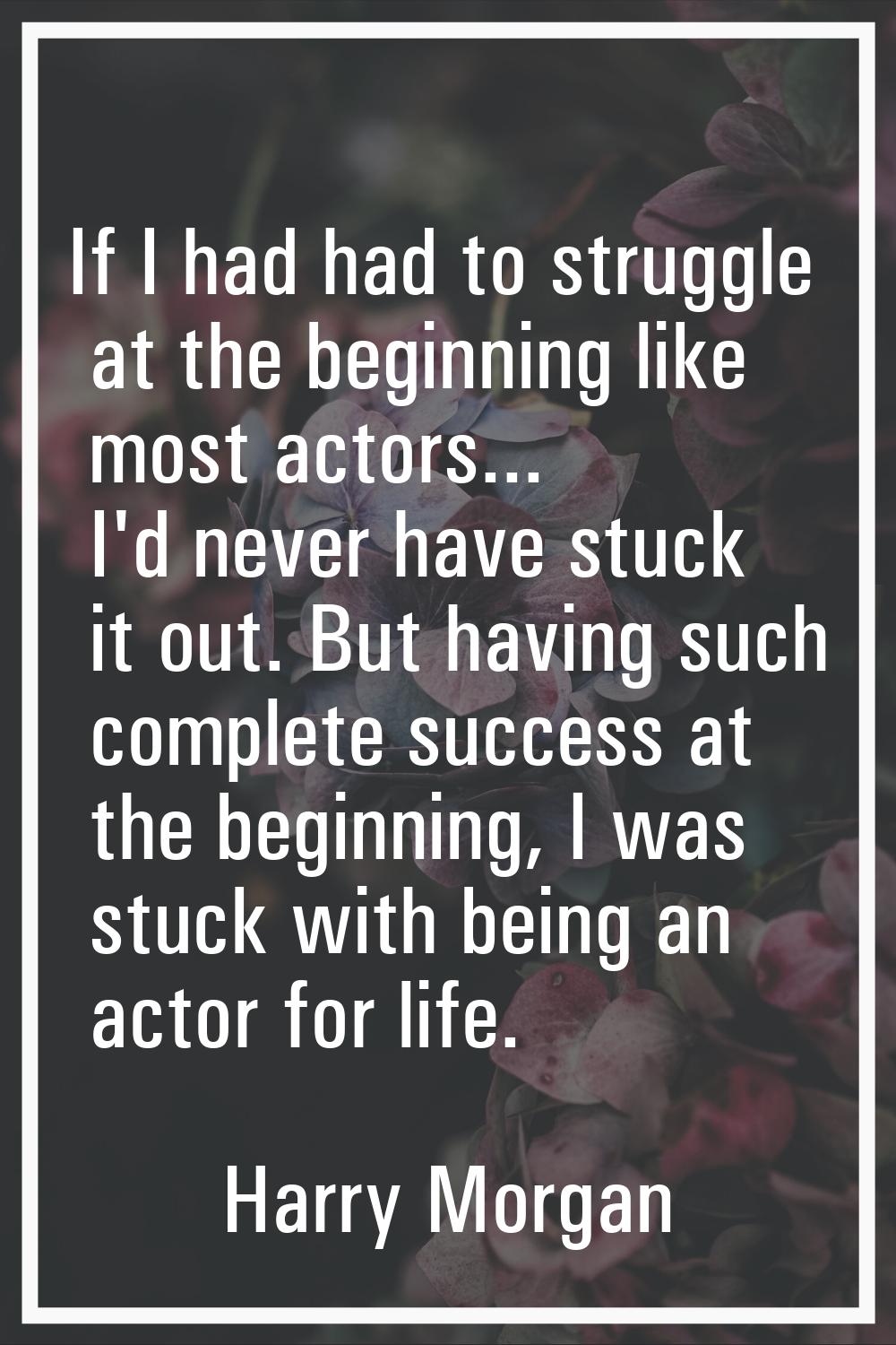 If I had had to struggle at the beginning like most actors... I'd never have stuck it out. But havi