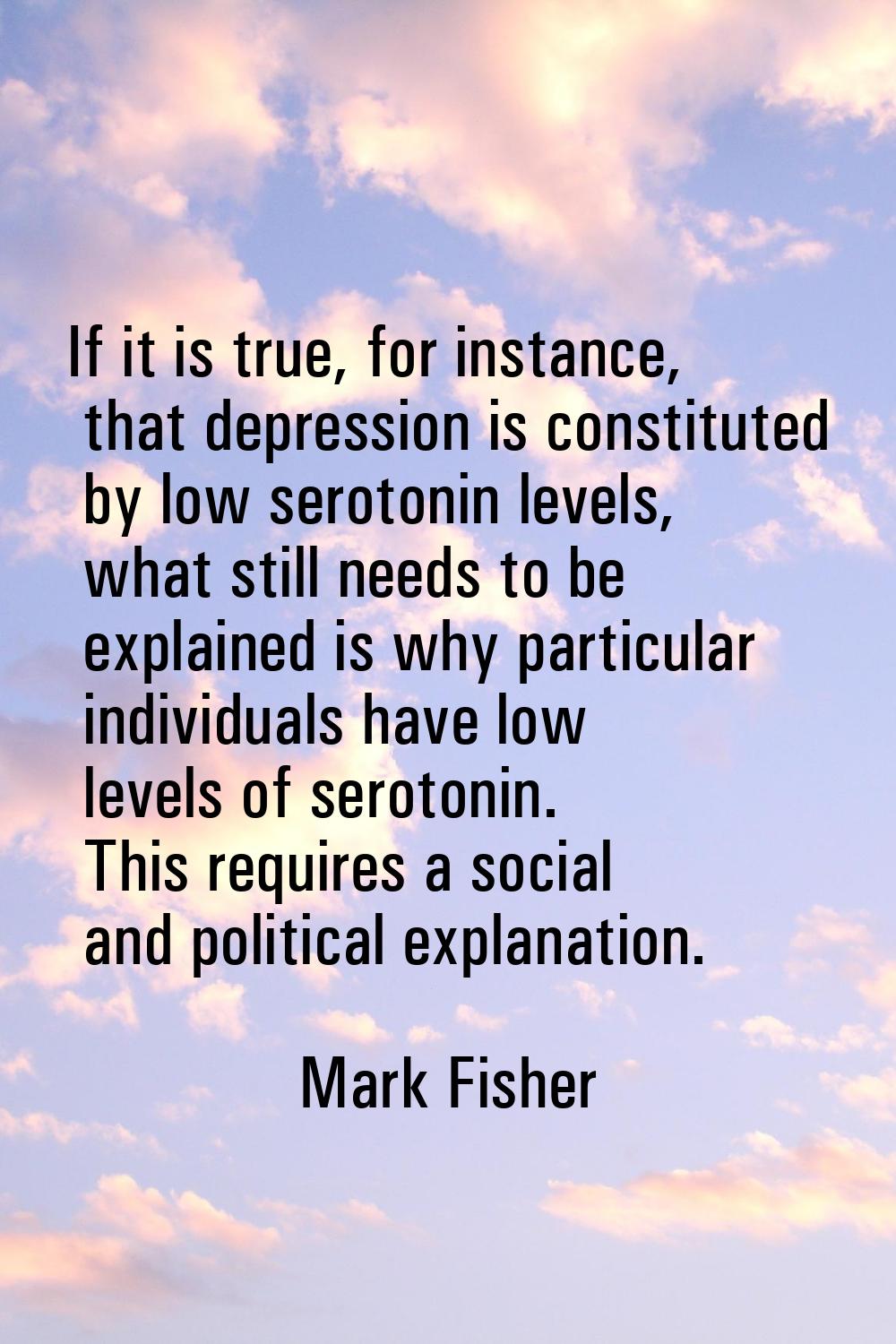If it is true, for instance, that depression is constituted by low serotonin levels, what still nee