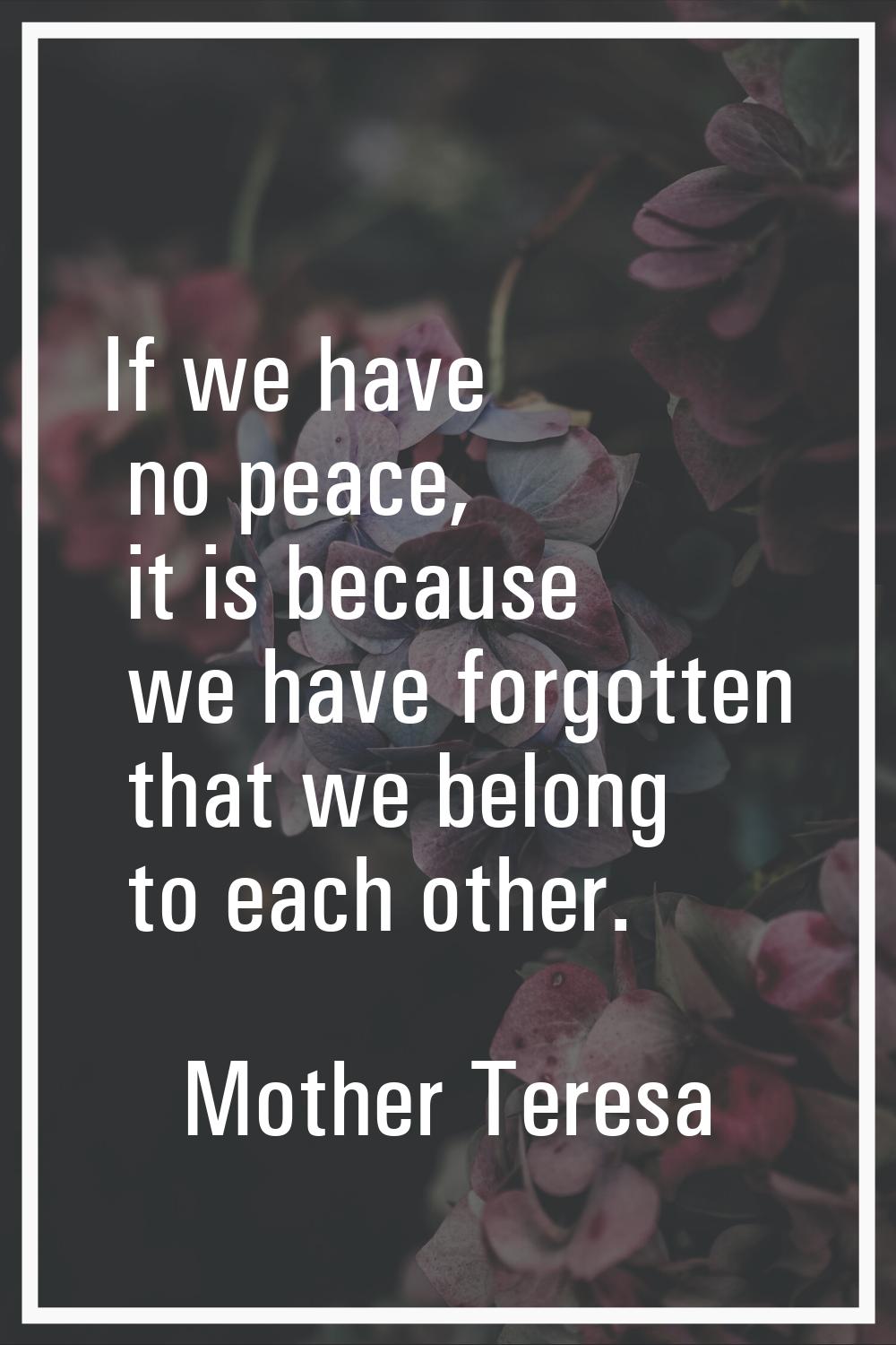 If we have no peace, it is because we have forgotten that we belong to each other.