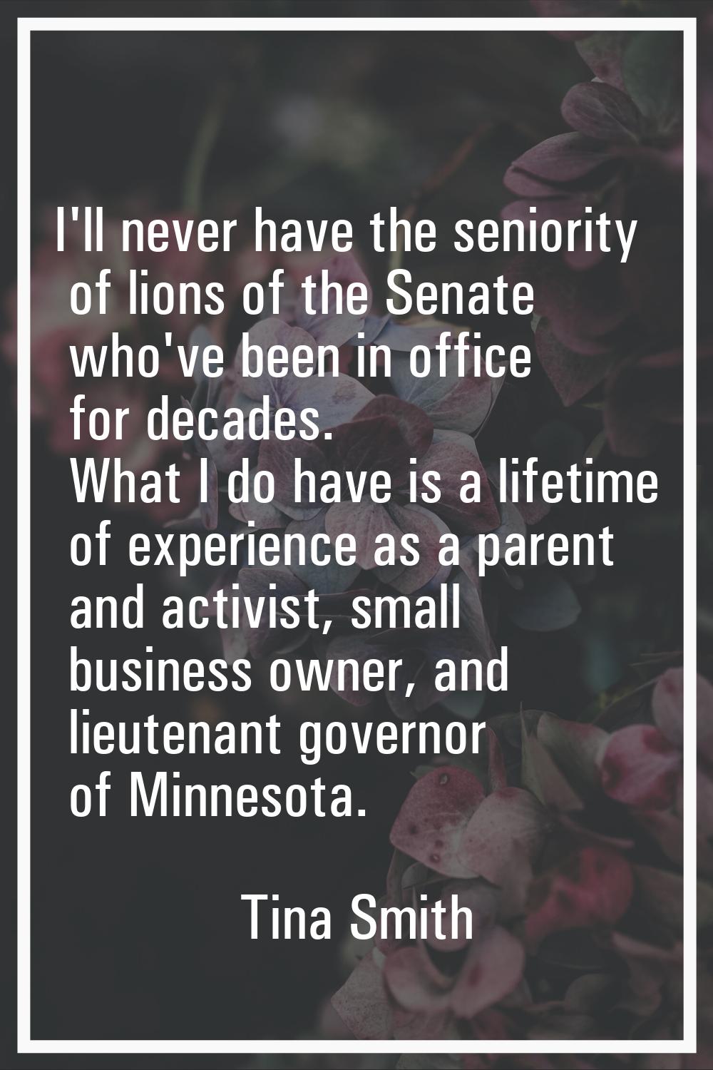I'll never have the seniority of lions of the Senate who've been in office for decades. What I do h