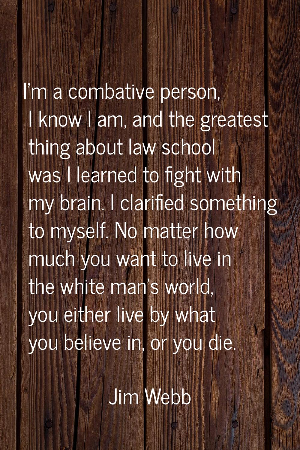 I'm a combative person, I know I am, and the greatest thing about law school was I learned to fight