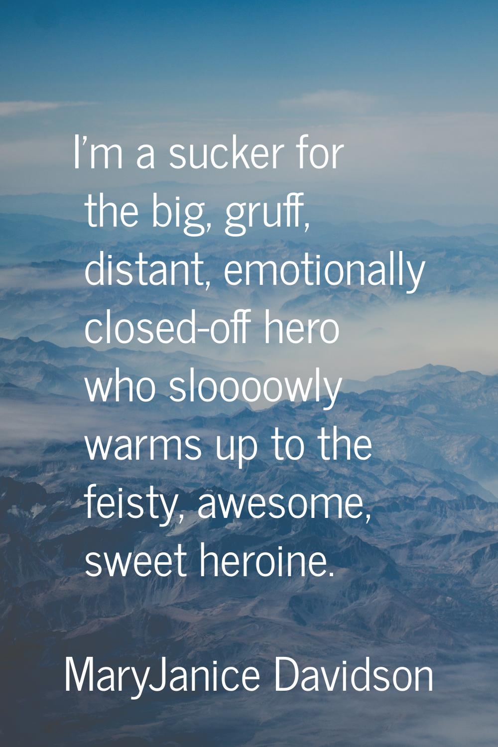I'm a sucker for the big, gruff, distant, emotionally closed-off hero who sloooowly warms up to the