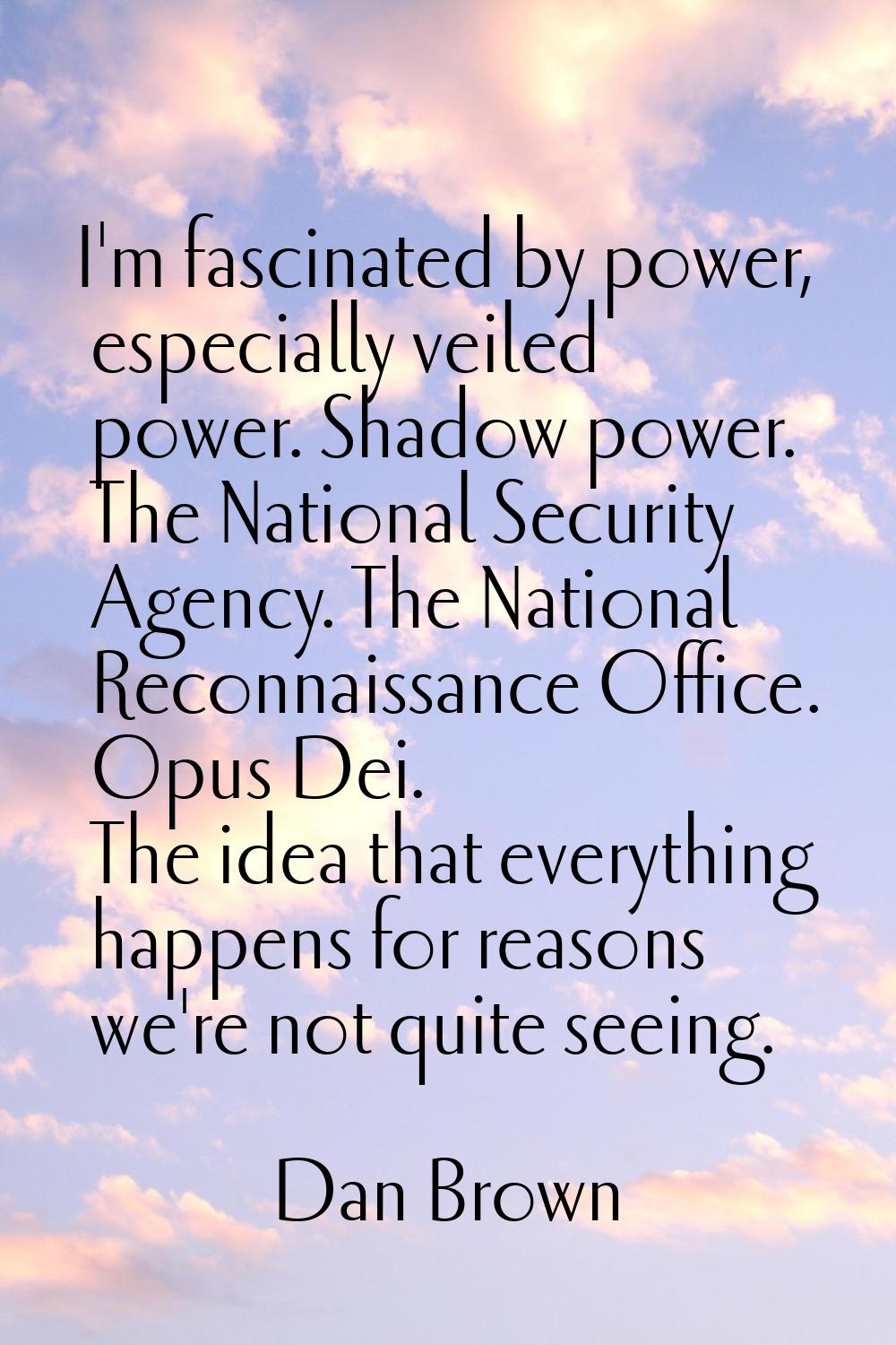 I'm fascinated by power, especially veiled power. Shadow power. The National Security Agency. The N