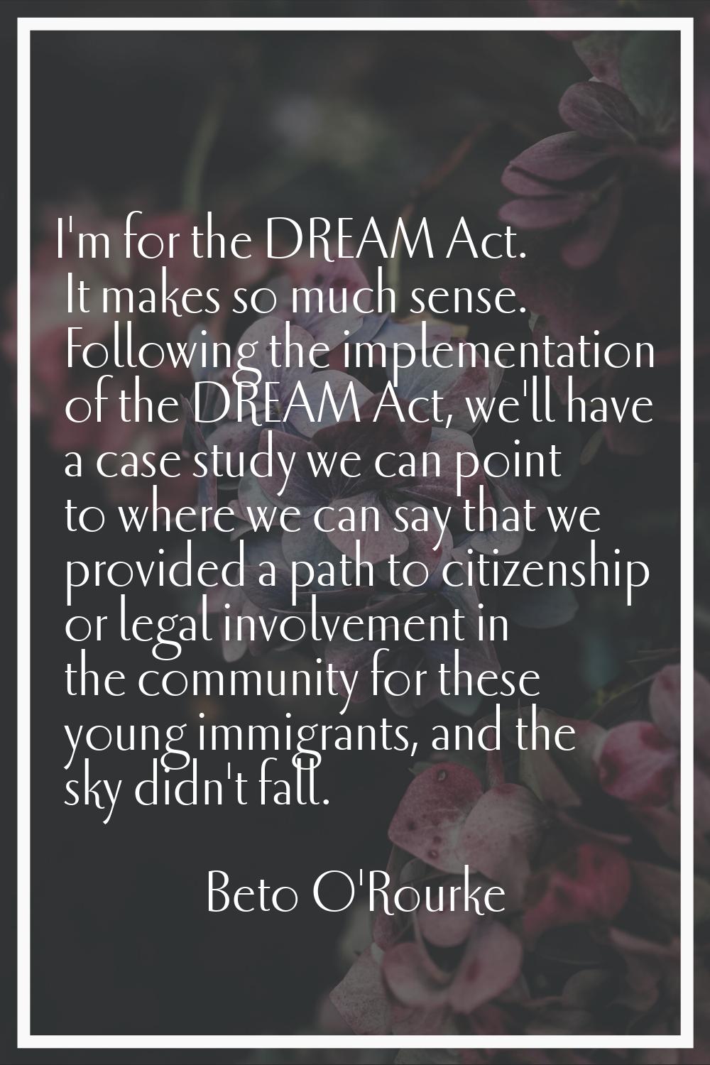 I'm for the DREAM Act. It makes so much sense. Following the implementation of the DREAM Act, we'll