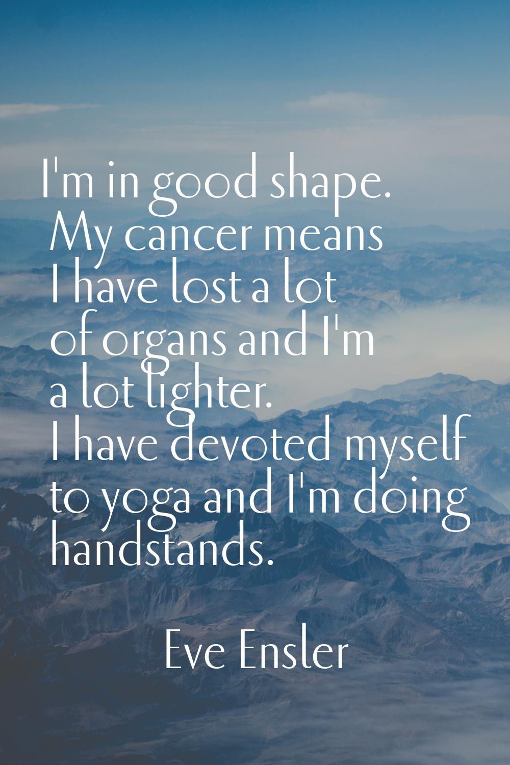 I'm in good shape. My cancer means I have lost a lot of organs and I'm a lot lighter. I have devote