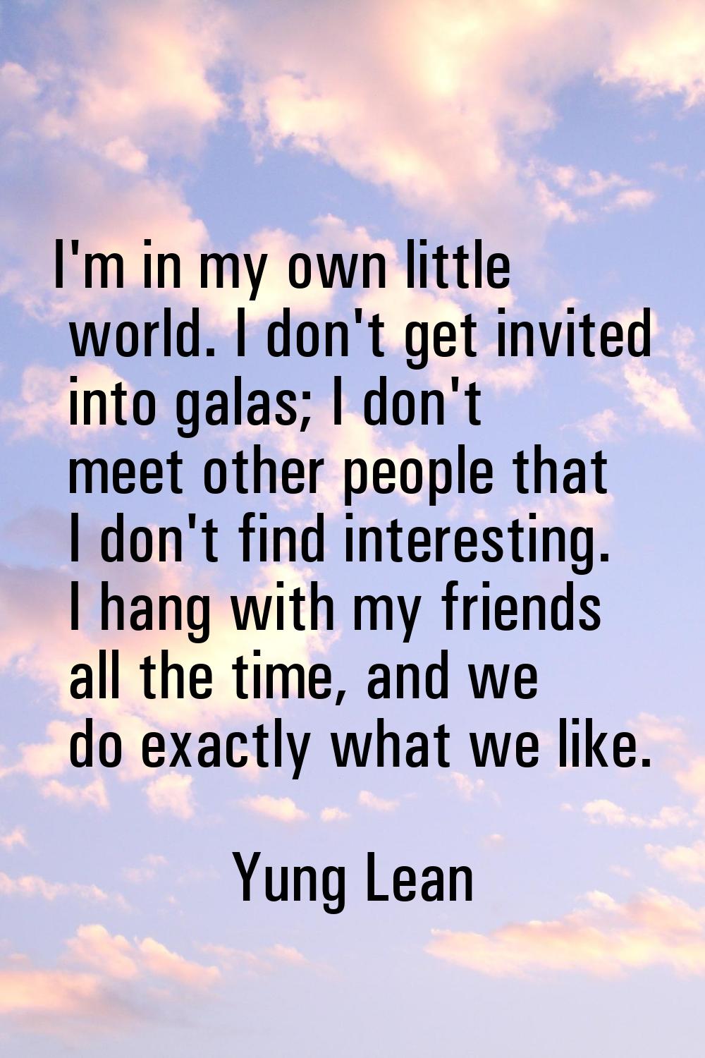 I'm in my own little world. I don't get invited into galas; I don't meet other people that I don't 