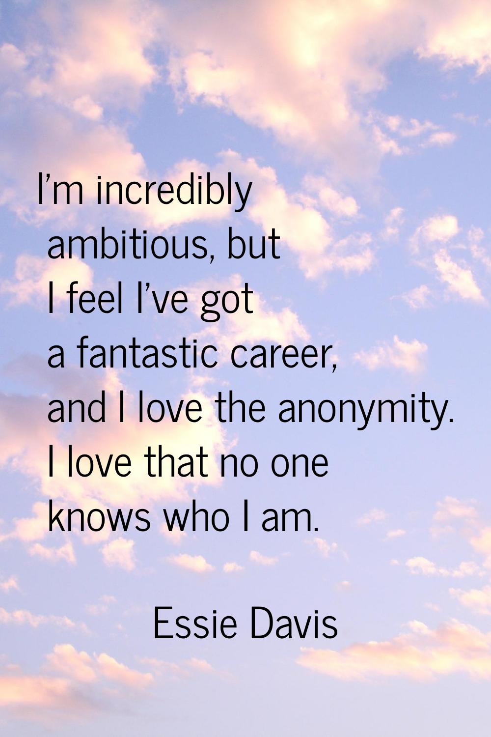 I'm incredibly ambitious, but I feel I've got a fantastic career, and I love the anonymity. I love 