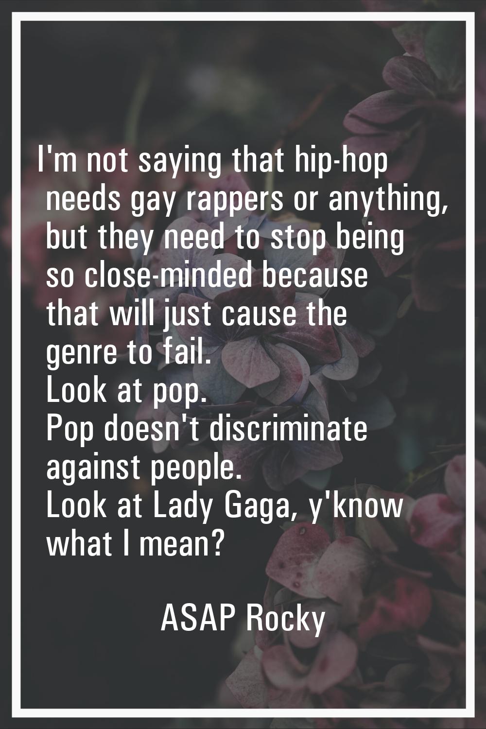 I'm not saying that hip-hop needs gay rappers or anything, but they need to stop being so close-min