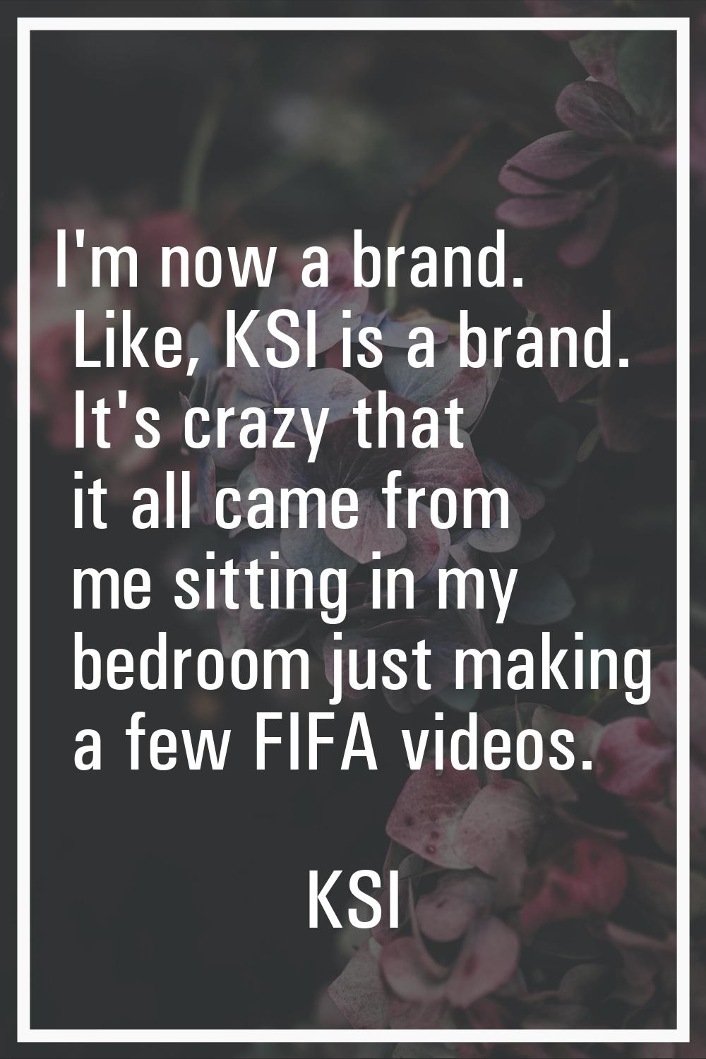 I'm now a brand. Like, KSI is a brand. It's crazy that it all came from me sitting in my bedroom ju