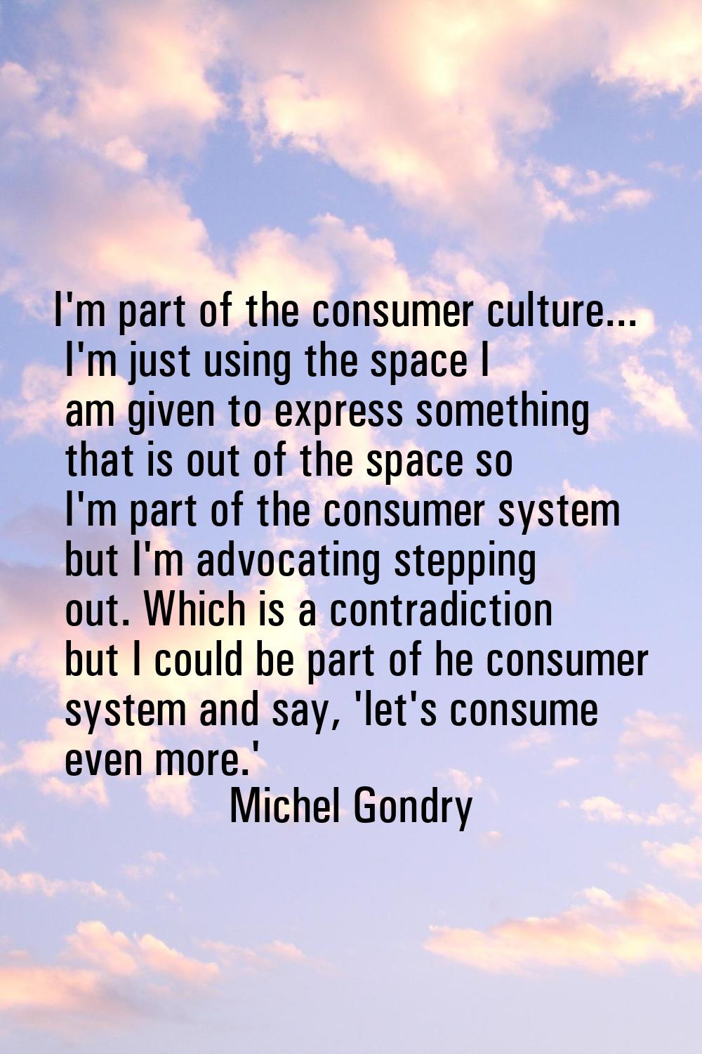I'm part of the consumer culture... I'm just using the space I am given to express something that i