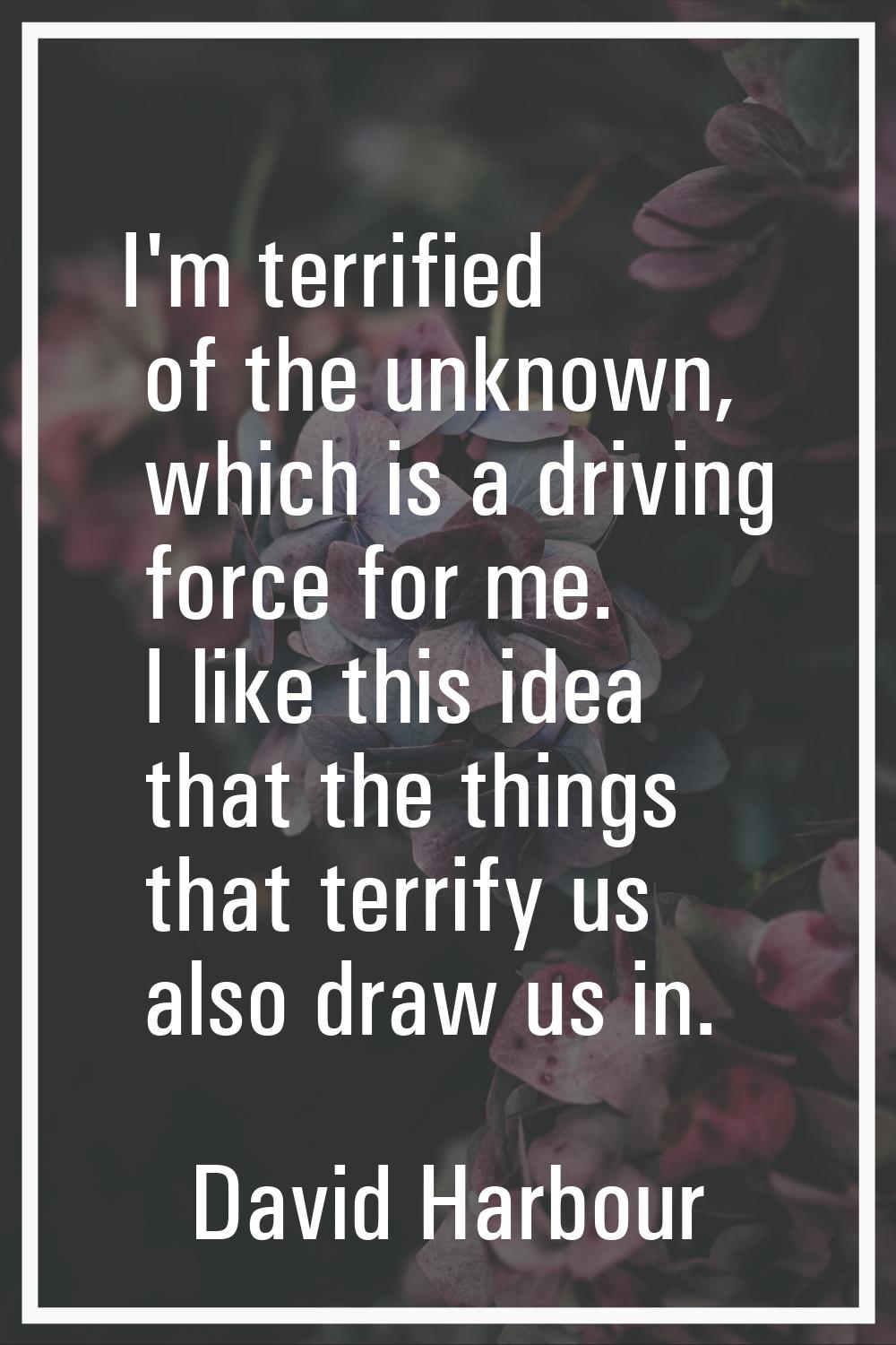 I'm terrified of the unknown, which is a driving force for me. I like this idea that the things tha