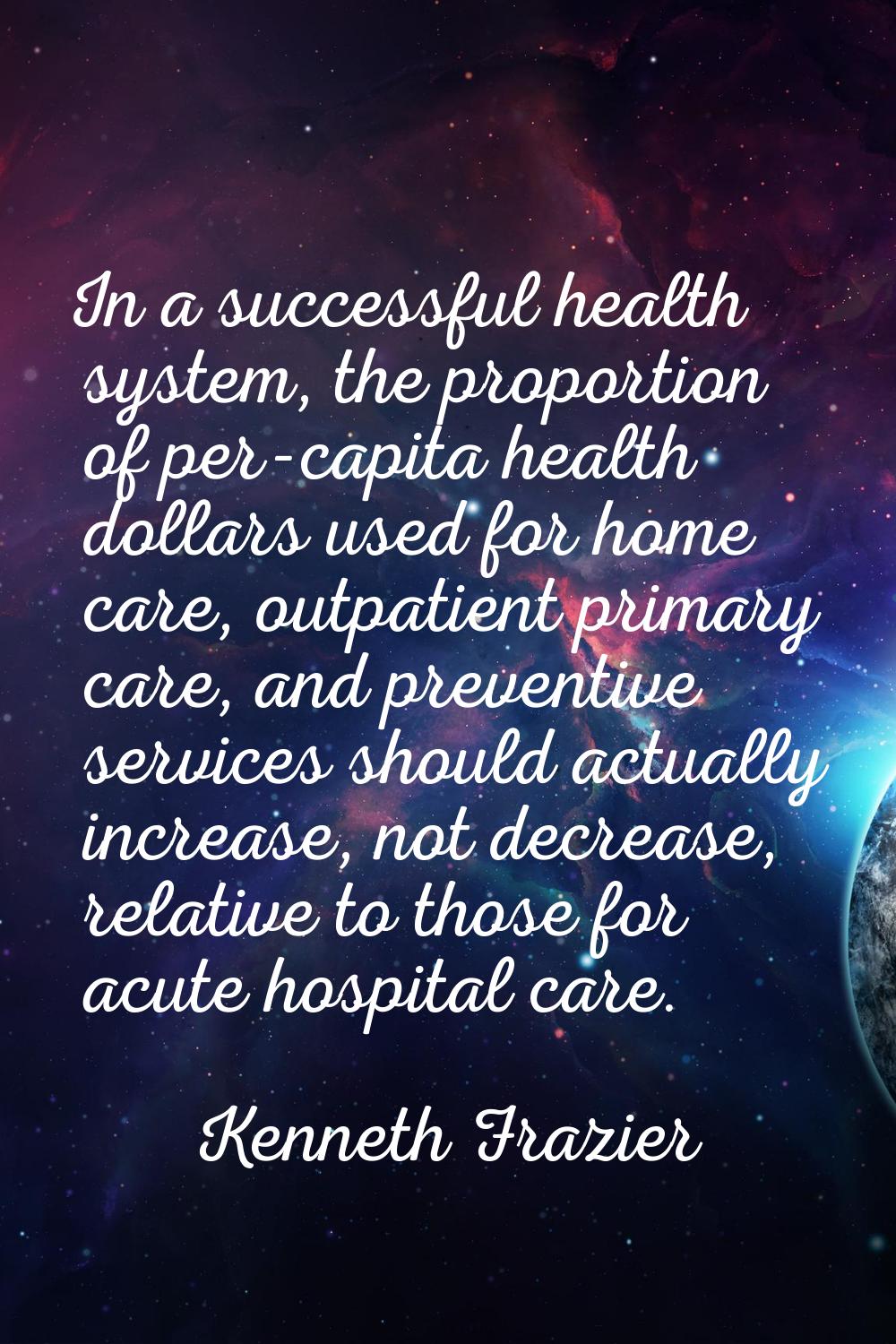 In a successful health system, the proportion of per-capita health dollars used for home care, outp