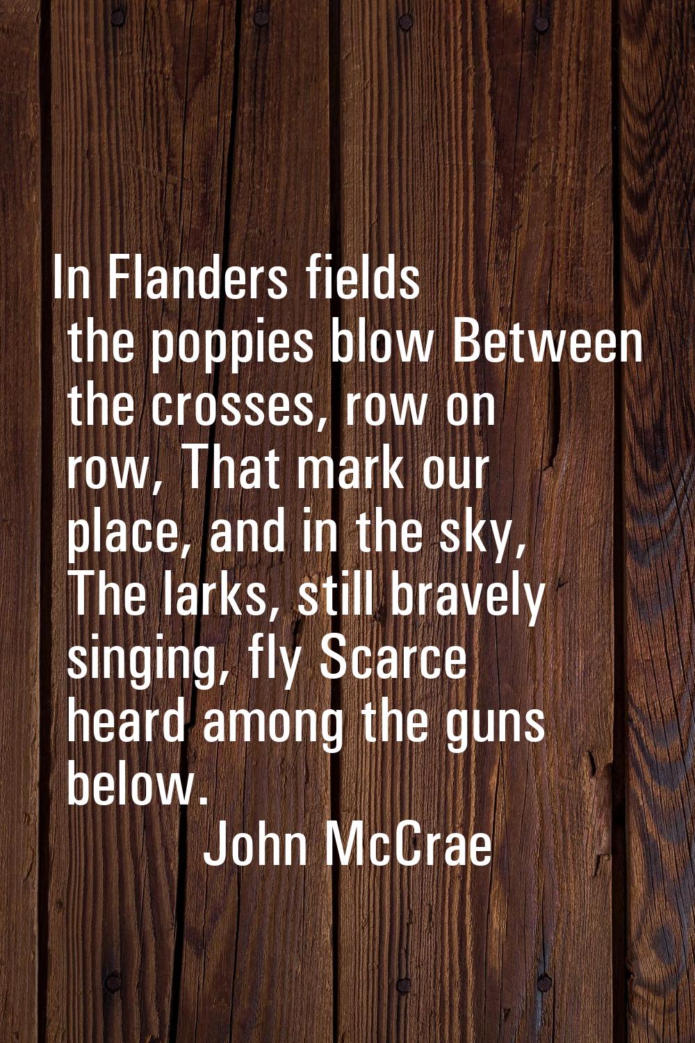 In Flanders fields the poppies blow Between the crosses, row on row, That mark our place, and in th