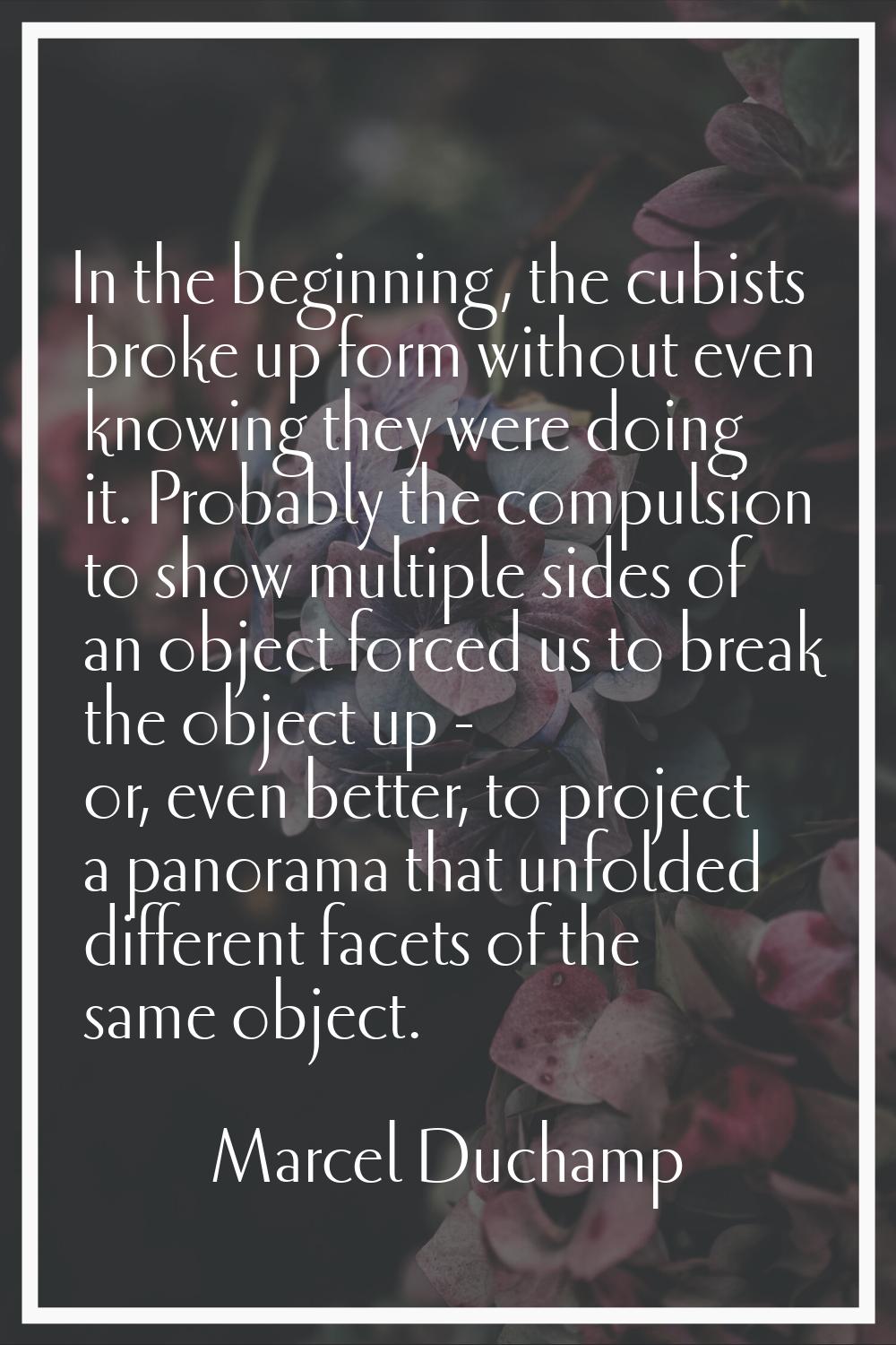 In the beginning, the cubists broke up form without even knowing they were doing it. Probably the c