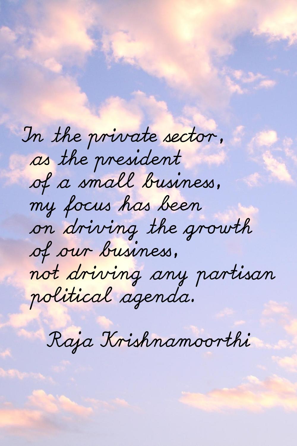 In the private sector, as the president of a small business, my focus has been on driving the growt