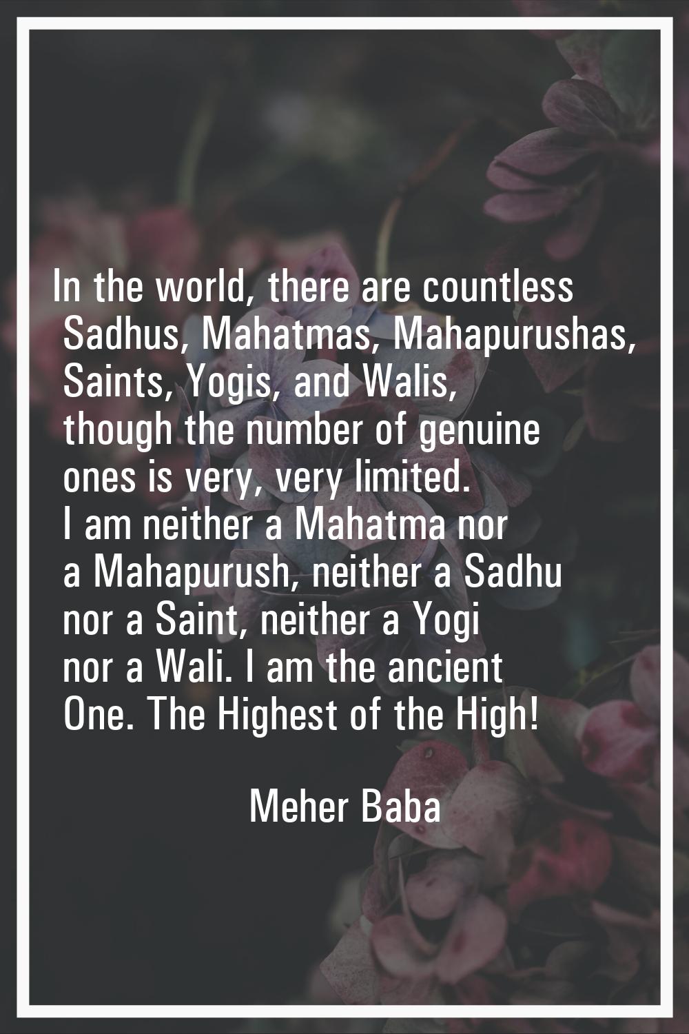 In the world, there are countless Sadhus, Mahatmas, Mahapurushas, Saints, Yogis, and Walis, though 